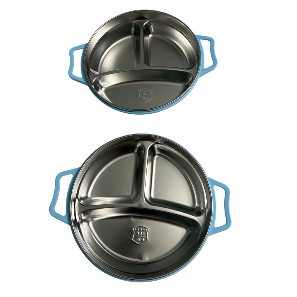 Stainless Steel Divided Plates with Blue Handles. New.